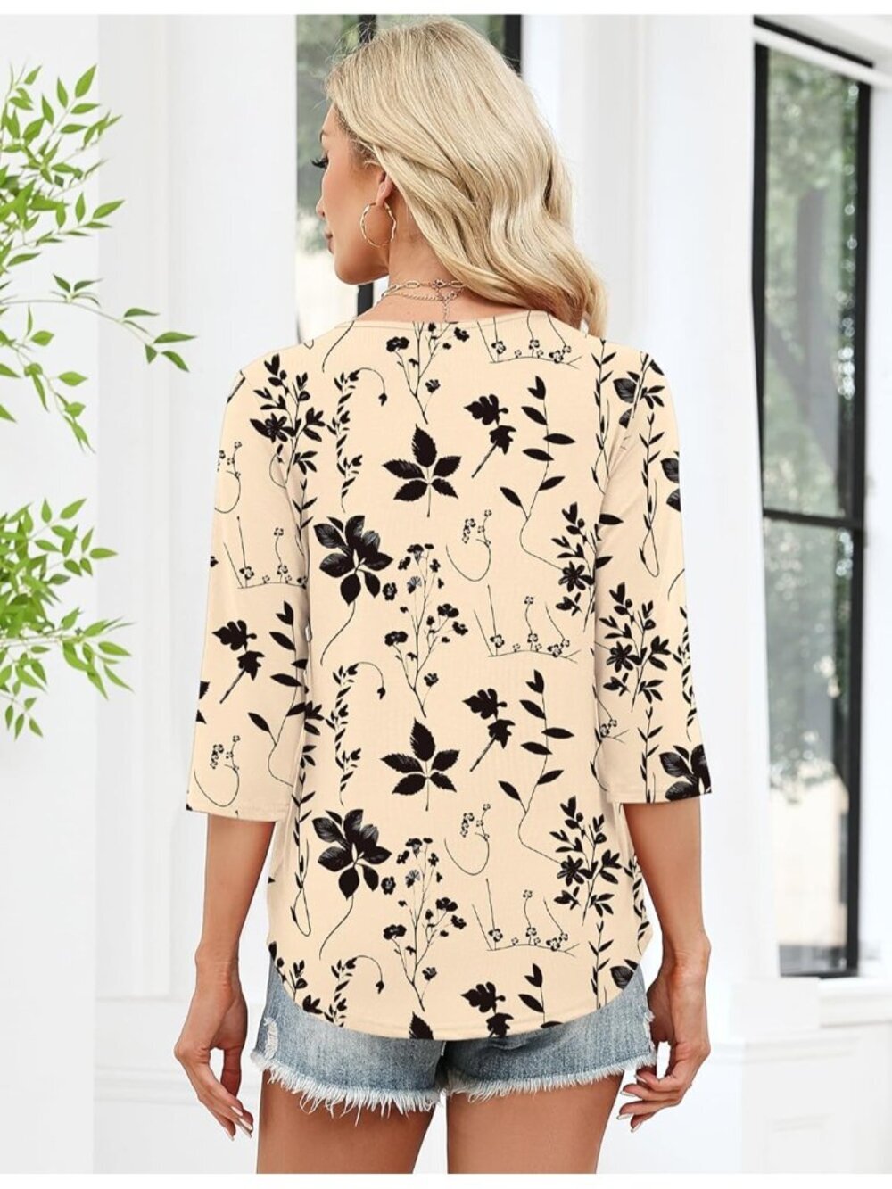 Women's Apricot Black Long Sleeve V Neck Casual Henley Blouses Tops T Shirt - Picture 5 of 5